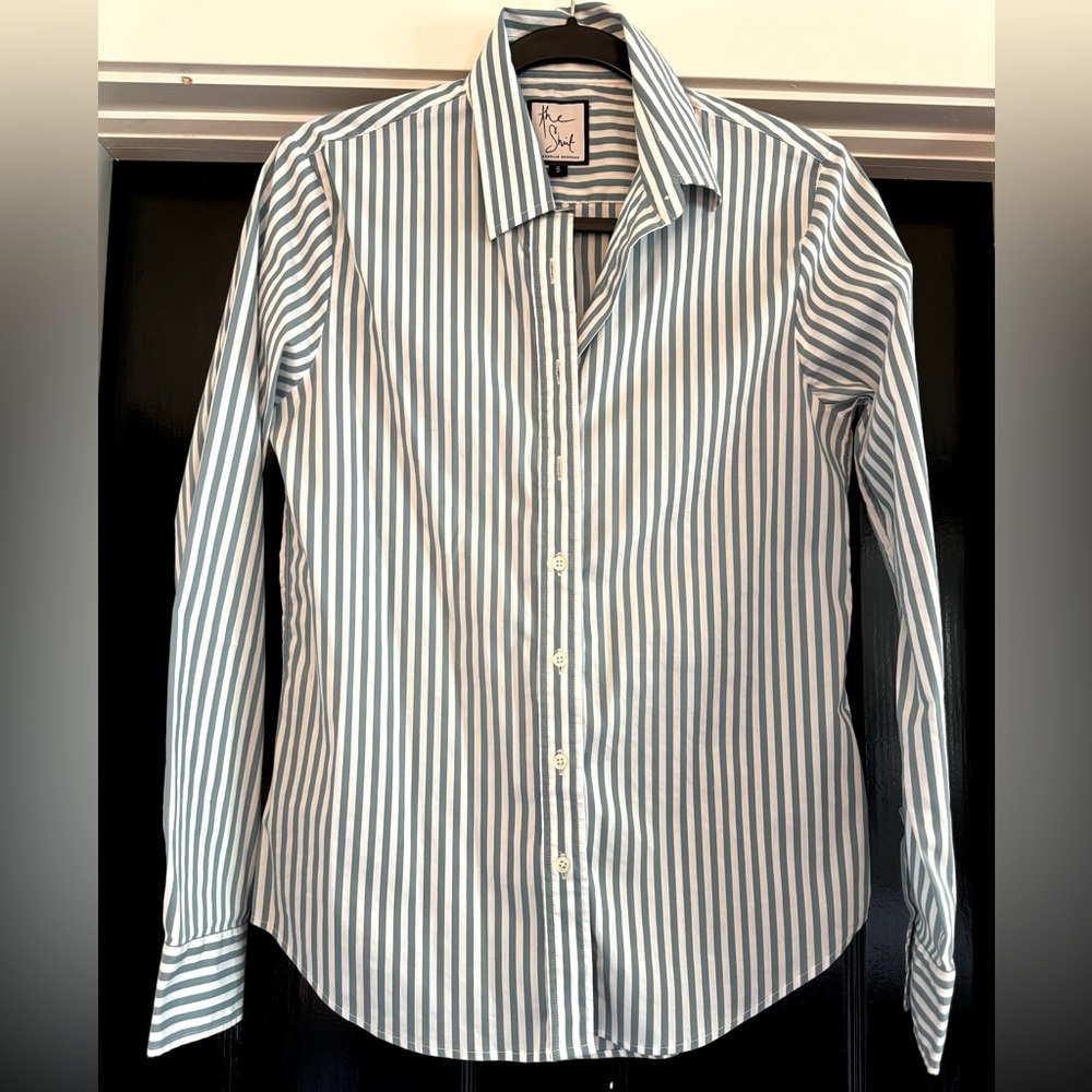 ‘The Shirt’ by Rochelle Behrens Teal and White Striped Button Down Shirt